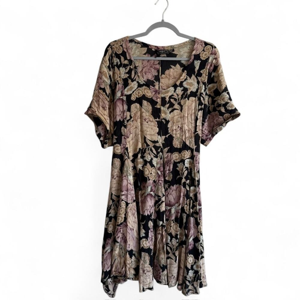 Vintage Nostalgia Midi Dress black floral flowy short sleeve 90s dress size L